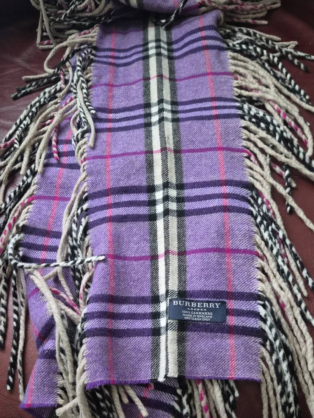 Vintage Burberry Purple Nova Check 100% Cashmere Scarf Made in England